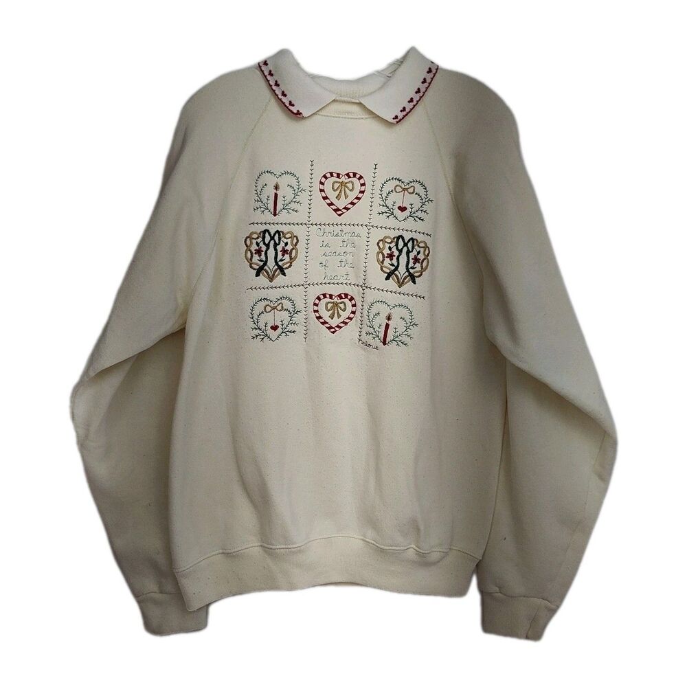VTG Valerie's Folk Art Applique Christmas Sweatshirt Women's L Cream Embroidered